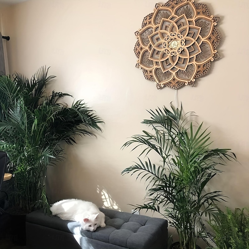 1pc Lotus Mandala Yoga Room Night Light LED Multi-layer Wooden Creative Atmosphere Light for Living Room Bedroom Bathroom Kitchen Wall Decoration Relaxing and Soothing Ambiance4