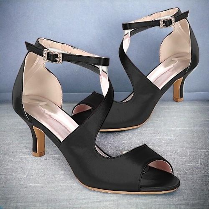 Women's Wedding Shoes Bridal Shoes Buckle Kitten Heel Open Toe Minimalism Satin Ankle Strap Black White Ivory4