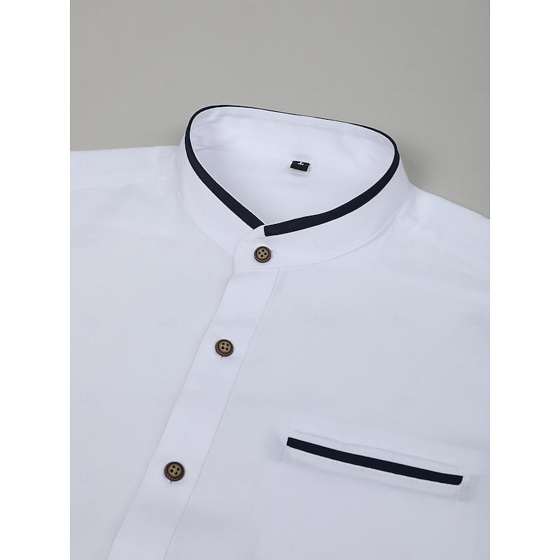 Men's Shirt Band Collar Shirt Dress Shirt Oxford Shirt Button Up Shirt Wedding Vacation White Navy Blue Gray Light Blue Long Sleeve Standing Collar Spring & Summer Clothing Apparel Front Pocket4