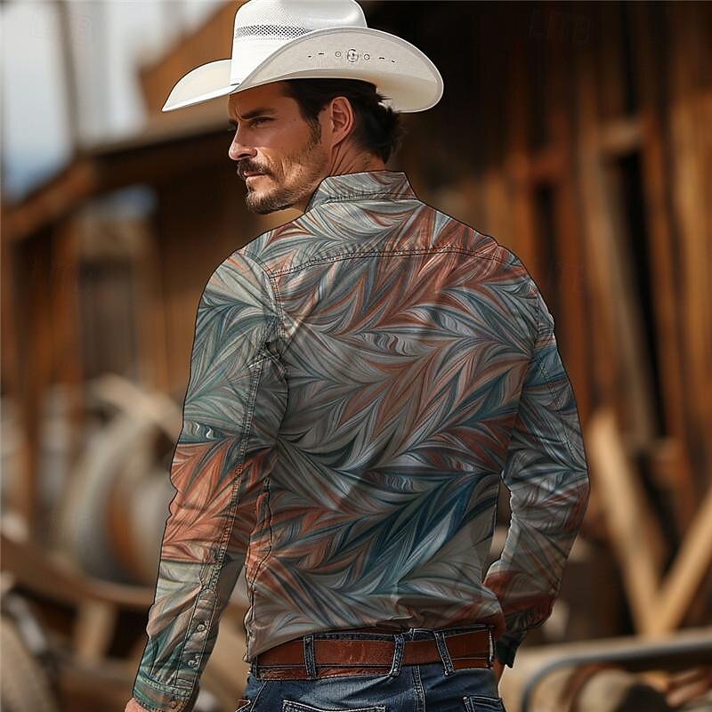 Men's Geometry Western Shirt Cowboy Shirt Long Sleeve Vintage Western Style Tribal Outdoor Vacation Horse Race Spring & Summer Turndown Print Button-Down Burgundy Blue2