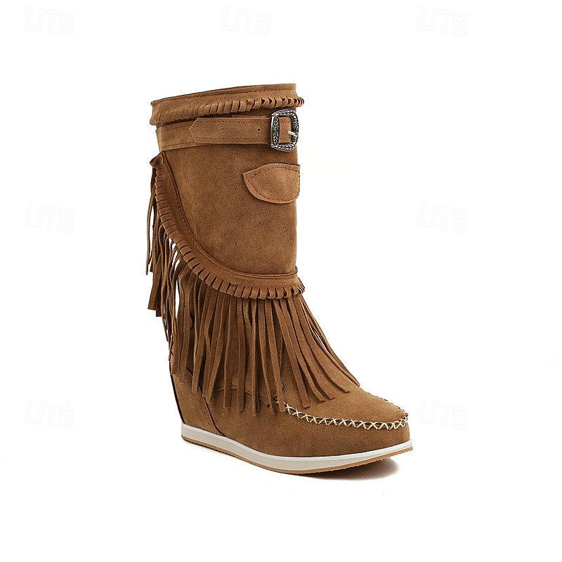 Women's Brown Fringe Wedge Boots – Faux Suede Mid-Calf Moccasin Style Boots for Fall Festivals, Parties, and Casual Outfits3