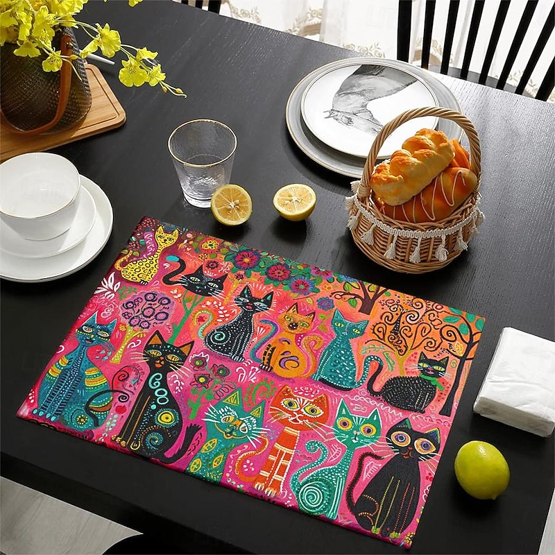 Linens Dining Table Placemats Doodle Art Cat Series Waterproof Oil Proof and Insulated Household Dining Table Mats Heat Resistant Waterproof Oil Proof and Insulated Household Dining Table Mats for Kitchen Coffee Center Table Side Party 1PC2