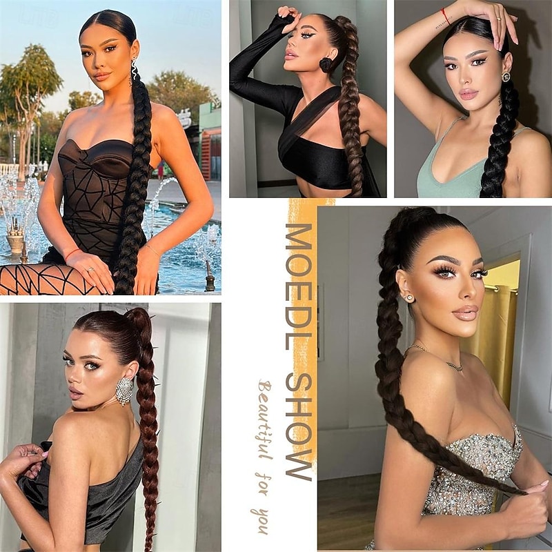 Long Braided Ponytail Extension with Hair Tie Black Straight Wrap Around Hair Extensions Ponytail Natural Soft Synthetic Hair Piece for Women Daily Wear 32 Inch3