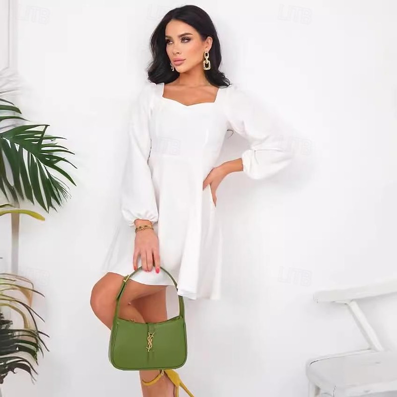 Vintage 1950s Mini Dress Little White Dress Bridal Bishop Sleeves Solid Colored A-Line V Neck Fancy Dress Women's Masquerade Wedding Bridal Shower Bachelorette Party Adults' Dress Homecoming Dresses2