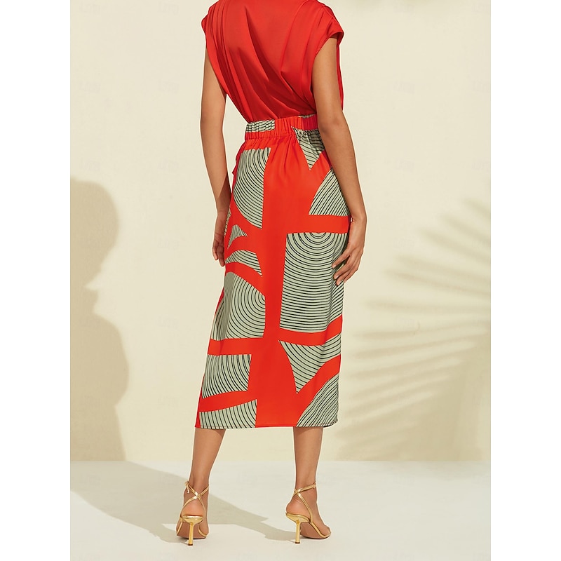 Women's Midi Skirt Green Color Block Elastic Waistband Casual Daily Spring Summer Fall2