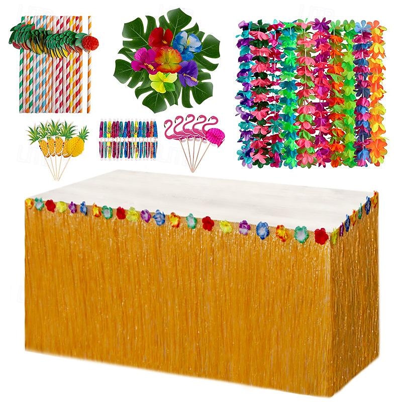 Party Hawaiian tassel table skirt paper straw turtle back leaf hibiscus flower 10PCS wreath combination set