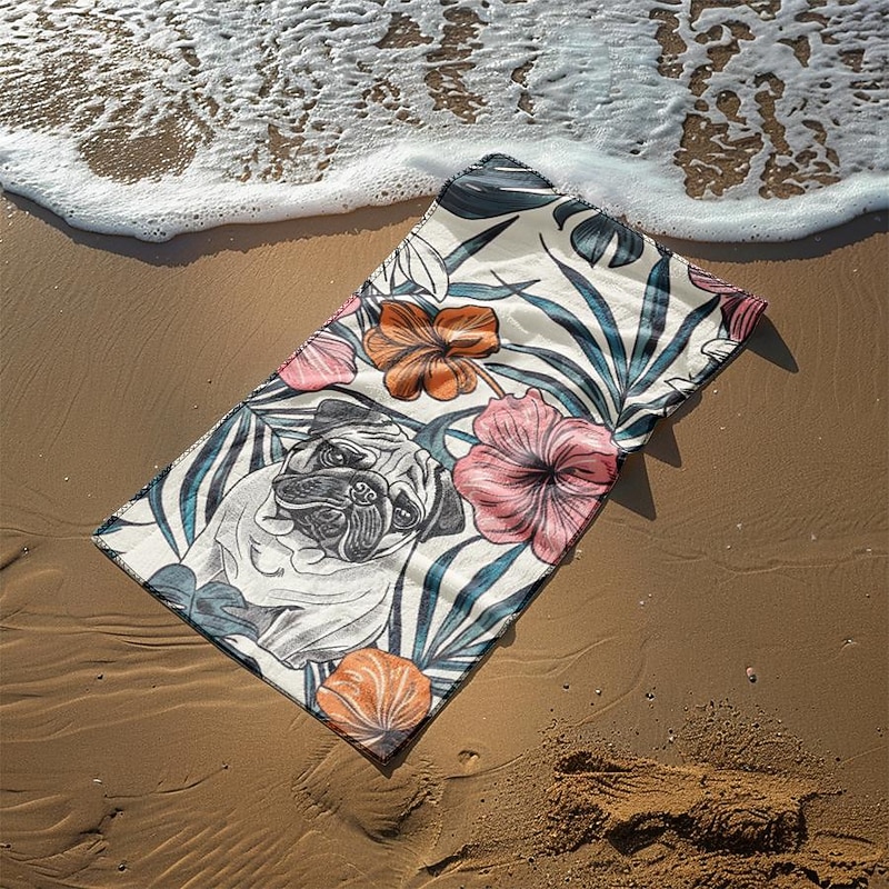 Sandproof Beach Towel Soft Cover Blanket Tropical Pug Large 3D Print Pattern Towel Bath Towel Beach Sheet Blanket Classic 100% Micro Fiber Comfy Blankets