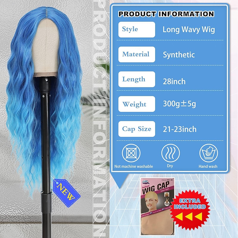 Halloween Wigs Cosplay Long Blue Wig 28 Inch Middle Part Synthetic Wig Realistic Carnival Gifts Party Wigs for Women Daily Use Colorful Wigs Blue2