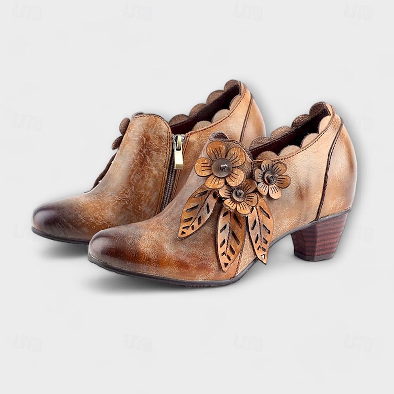 Women's Vintage Brown Premium Cowhide Leather Ankle Boots with Floral Embellishments – Retro Style for Fall and Winter2