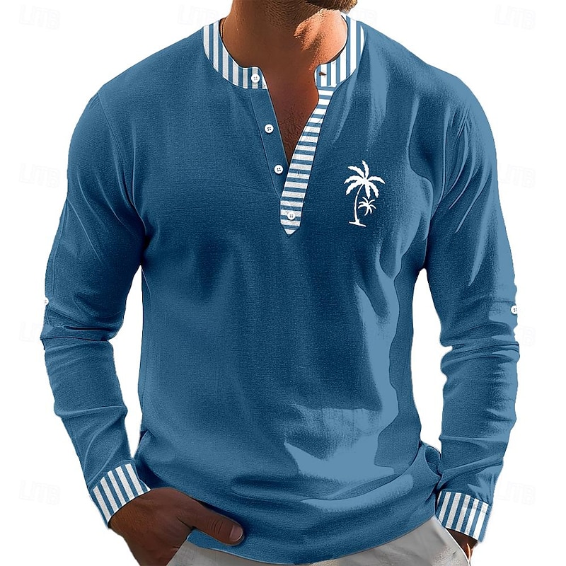 Men's Coconut Tree Striped Tropical Plants Shirt Summer Hawaiian Shirt Aloha Shirt Long Sleeve Shirt Stand Collar Resort Vacation Daily Wear Going out Blue S M L