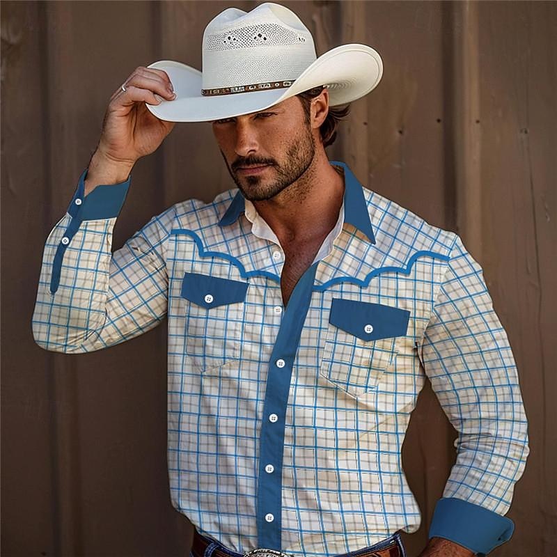 Men's Plaid / Check Western Shirt Cowboy Shirt Long Sleeve Vintage Western Style Tribal Outdoor Vacation Horse Race Spring & Summer Turndown Print Button-Down Blue