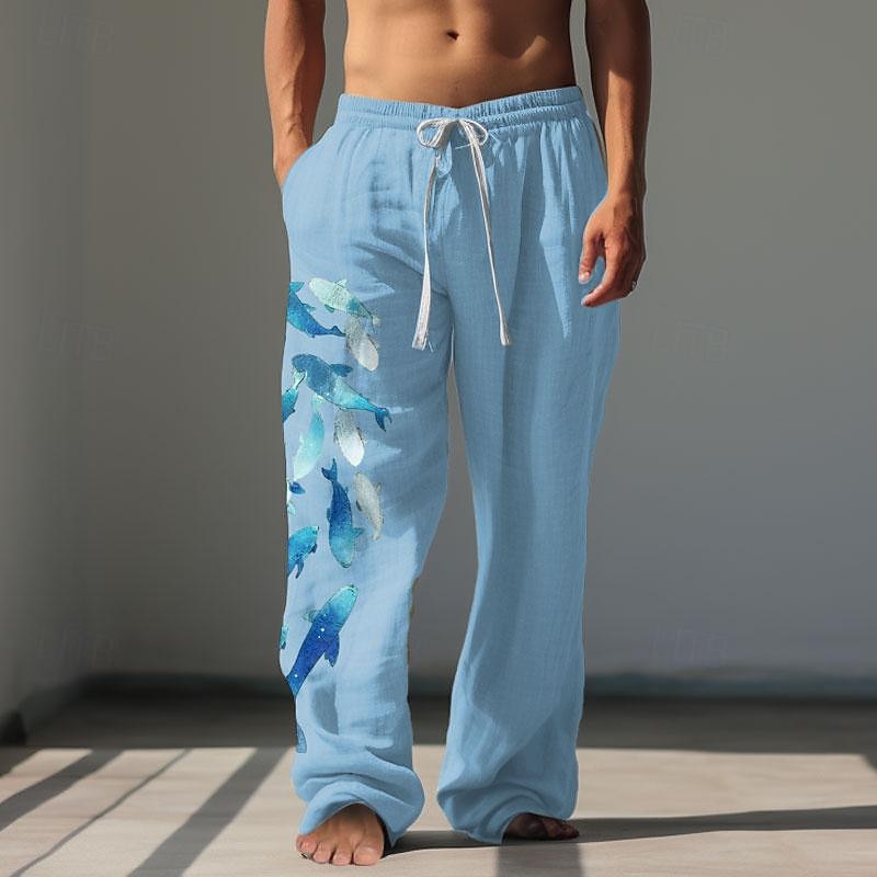 Men's Animal Dolphin Linen Pants Pants Trousers Baggy Pants Medium Waist Vacation Hawaiian Outdoor Vacation Hawaiian Elastic Drawstring Design Spring & Summer White Blue2
