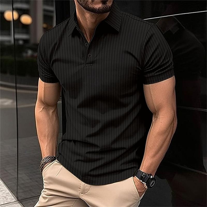 Men's Golf Shirt Golf Polo Work Casual Lapel Short Sleeve Basic Modern Striped Button Spring & Summer Regular Fit claret Dark Red Black White Dark Navy Royal Blue Golf Shirt