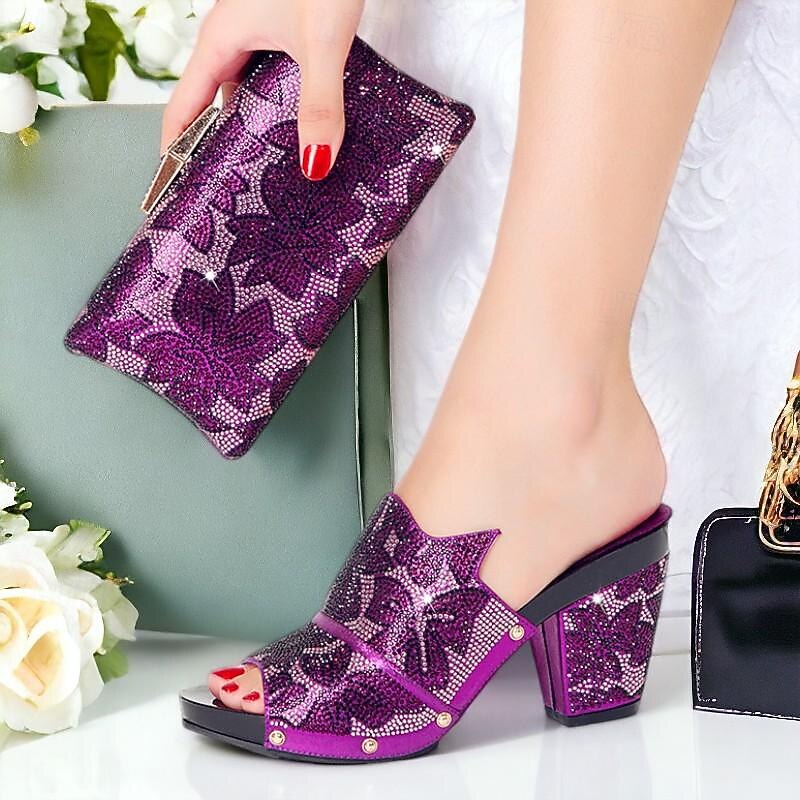Women's Heels Wedding Shoes Party Bridal Shoes Shoes And Bags Matching Sets Rhinestone Crystal Platform Chunky Heel Peep Toe Elegant Microbial Leather Roes Red Black Purple2