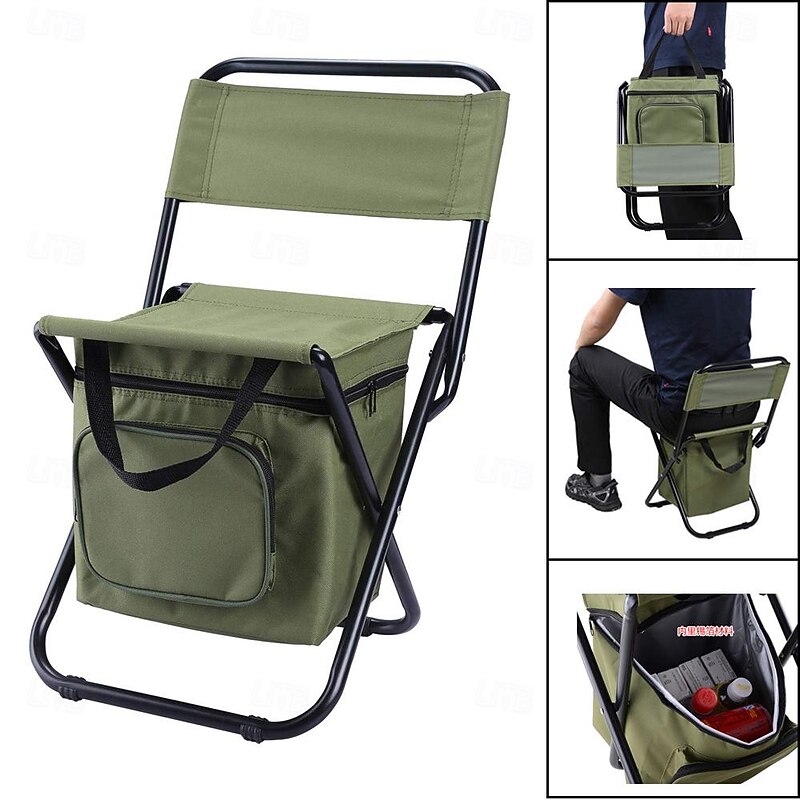 Portable Foldable Camping Chair with Cooler Bag, Lightweight Backrest Stool Compact Folding Chair Seat, Outdoor Backrest Stool with Folding Backpack for Camping Hunting Fishing Hiking
