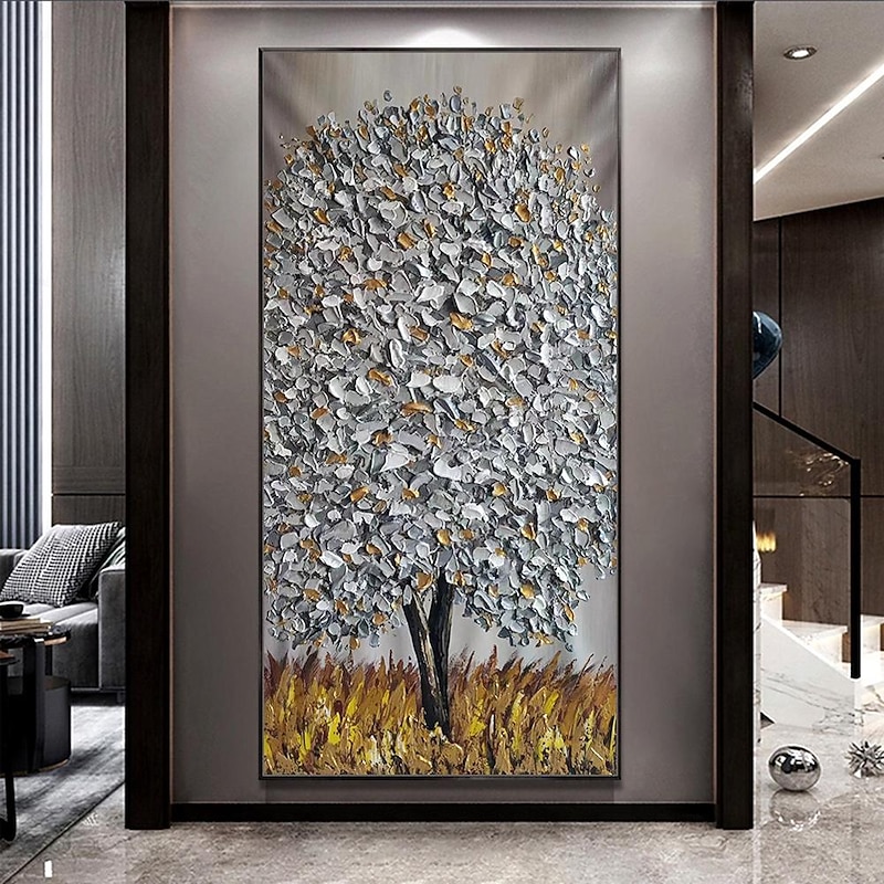 Mintura Handmade Silver Tree Landscape Oil Paintings On Canvas Wall Art Decoration Modern Abstract Gold Tree Pictures For Home Decor Rolled Frameless Unstretched Painting