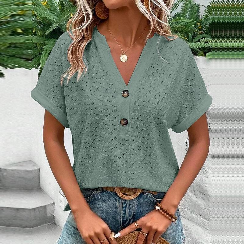 Women's Blouse Eyelet Lace V-Neck White Button Front Short Sleeve Lightweight Casual Summer Top Breathable Loose Fit3