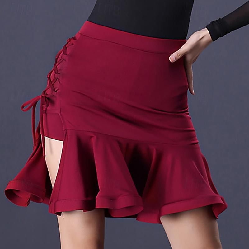 Latin Dance Ballroom Dance Skirts Cinch Cord Ruffles Pure Color Women's Performance Training High Spandex