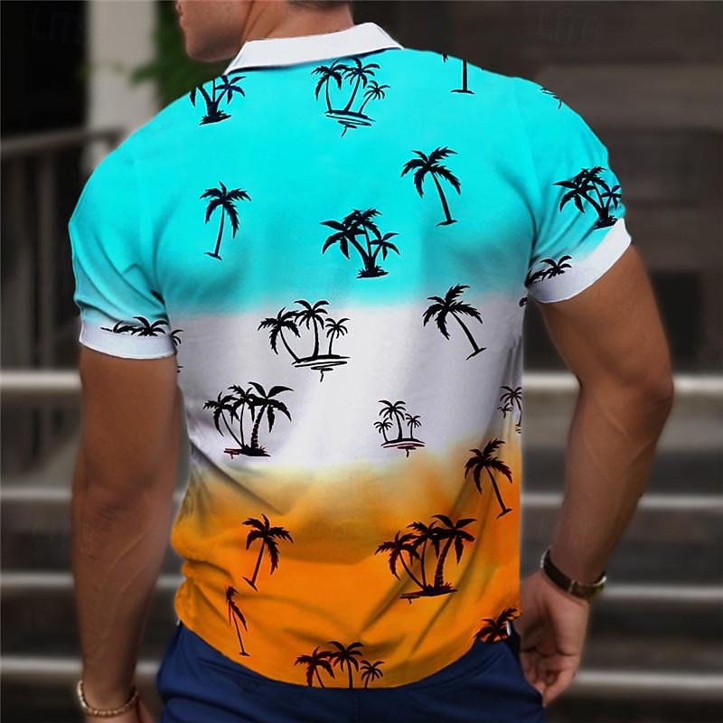 Kentucky Derby Men's Palm Tree Hawaiian Polo Shirts Golf Shirt Short Sleeve Polo Shirts Collared Shirts Casual Beach Wear Vacation Wear Tropical Wear Party Outfits Buttons 3D Print Summer Blue Green2