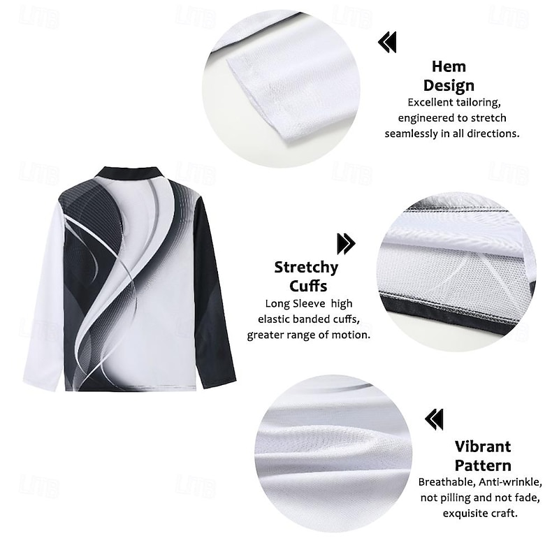 Men's Geometric Polo Shirts Golf Shirt Long Sleeve Polo Shirts Collared Shirts Business Casual WorkWear Formal Wear Festival Wear 3D Print Buttons Fall & Winter Black White Ocean Blue3