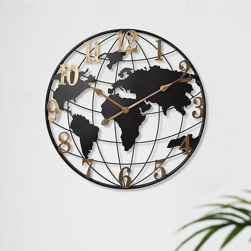Large Wall Clock World Map Modern Mute Simple Round Iron Design Living Room Corridor Decoration Electronic Clock 60cm3
