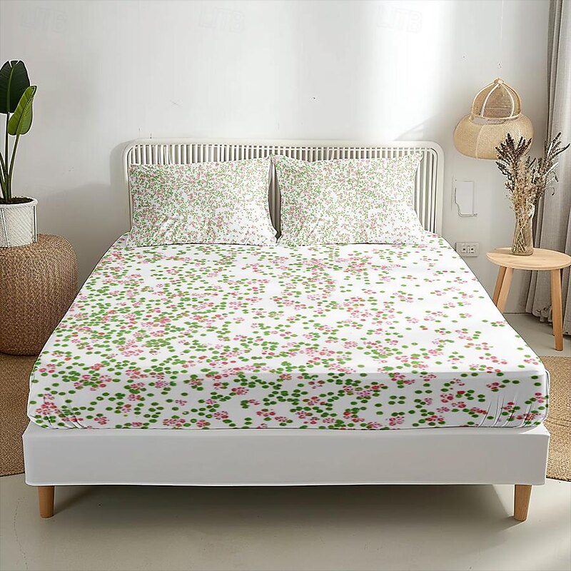 Floral Spring Fitted Sheet Set Ultra Soft Breathable 100% Cotton Silky Bed Sheets Deep Pocket Bedding Sheets 3 Piece Queen King Size3