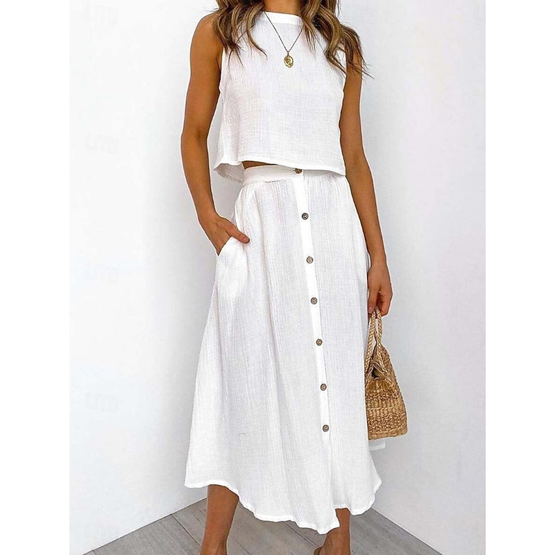 Women's Skirt A Line Basic Casual Maxi High Waist Skirts Solid Colored Pocket Casual Daily Weekend White Yellow Pink Red Summer Cotton