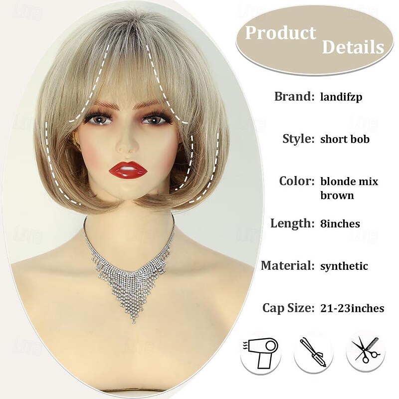 Short Blonde Bob Wigs for White Women Mixed Blonde Short Bob Wig with Bangs Synthetic Layered Natural Looking Blonde Wigs With Dark Roots for Women Old Lady Wig for Daily Party Use4