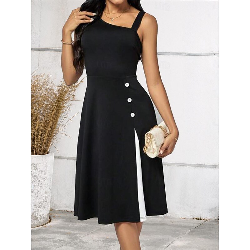 Women's Cocktail Dress One-Shoulder Asymmetrical Neckline Button Detail Sleeveless A-Line Midi Black White Party Elegant Stylish Spring Summer Clothing Apparel4