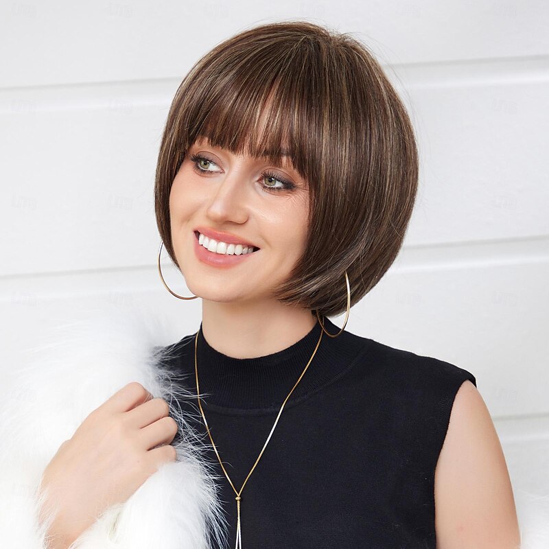 Human Hair Blend Wig Short Natural Straight Pixie Cut Side Part Layered Haircut Asymmetrical Brown Cosplay Curler & straightener Natural Hairline Capless Brazilian Hair Women's All Brown 10 inch3