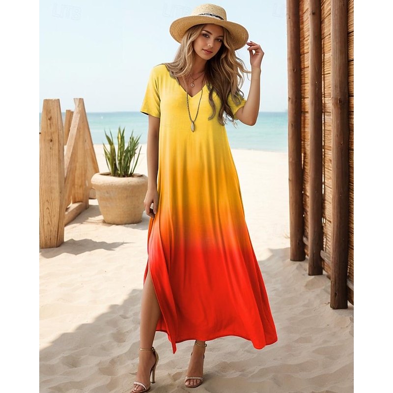 Women's Maxi Dress Casual Dress Sundress Shift Dress Tropical Drop Shoulder Vacation Loose Fit Ombre Rainbow Color Gradient Short Sleeve V Neck Blue Light Purple Orange Summer