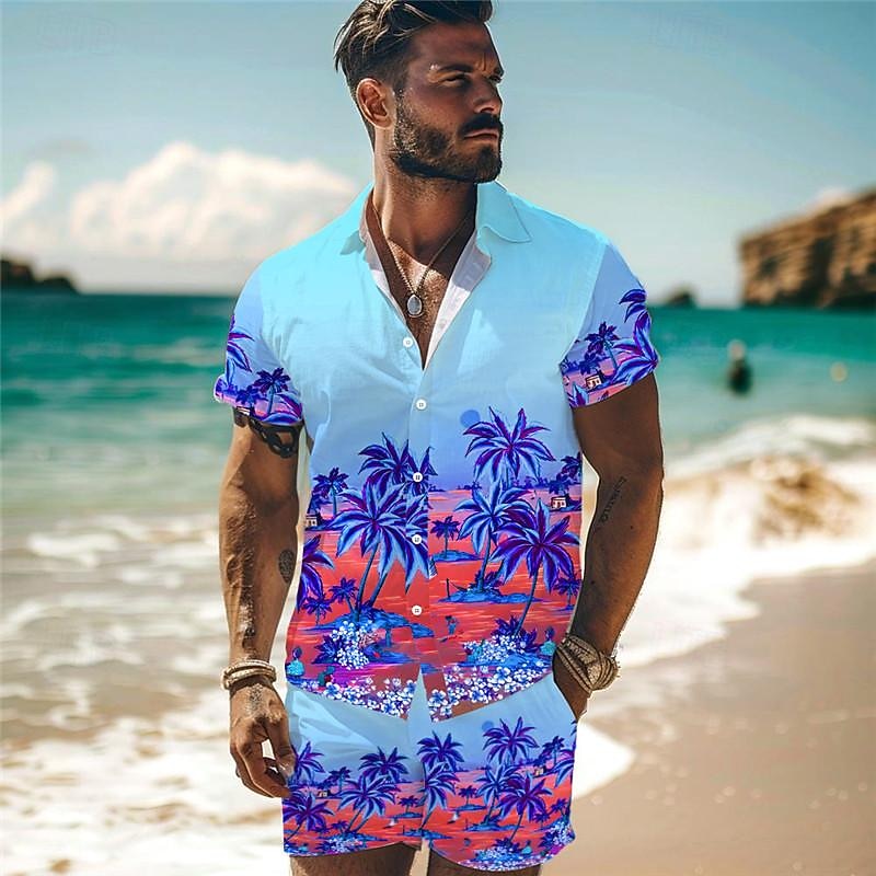 Men's Palm Tree Tropical Plants Seascape Pattern 2pcs Shirts Sets Summer Hawaiian Shirt Short Sleeve Short Pants Turndown Vacation Hawaiian Outdoor Vacation Hawaiian Pocket Buttons Print Summer All4