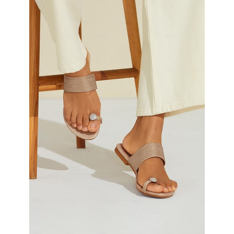 Women's Flat Heel Champagne Slip-On Sandals with Rhinestone Embellishments | Luxurious Boho Beach Wedding Guest Footwear