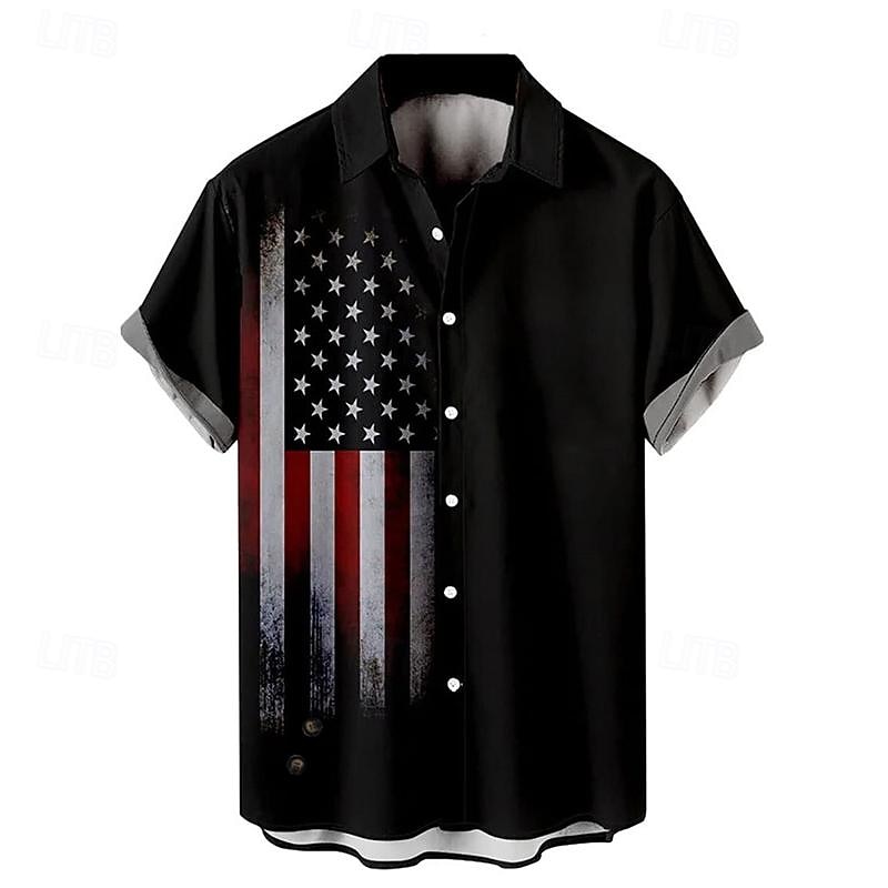 Men's American US Flag Shirt Western Shirt Button Up Shirt Short Sleeve Casual Daily Wear Going out Weekend Autumn / Fall Turndown Print Button-Down Black White Red3
