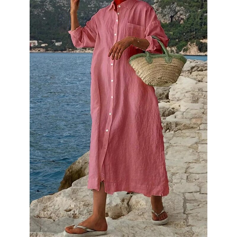 Women's Midi Dress White Dress Cotton Linen Dresses Shirt Dress Casual Dress Basic Modern Daily Weekend Loose Fit Plain 3/4 Length Sleeve Shirt Collar Black White Pink Navy Blue Summer Spring4