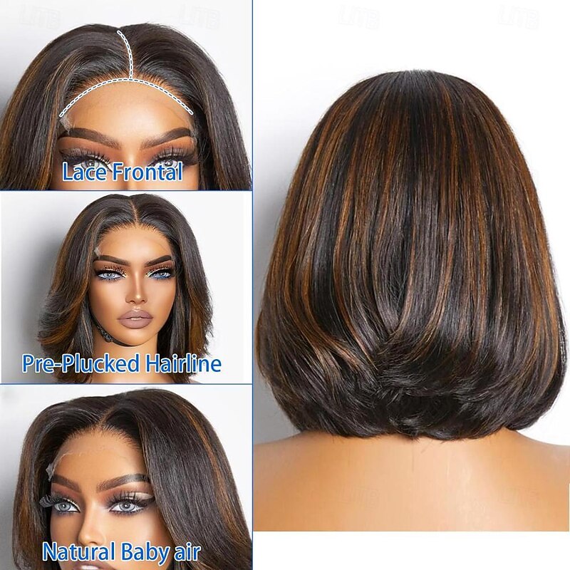 13x4 Bob Wig Human Hair Lace Front Wigs for Black Women Lace Brown Blonde Highlights Wigs Pre Plucked 200% Density  Wigs Human Hair Loose Body Wave Short Bob Wig Brazilian2
