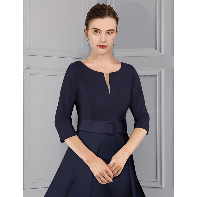 Jumpsuit Mother of the Bride  Formal Wedding Guest Elegant detachable V Neck Floor Length Satin 3/4 Length Sleeve with Sash / Ribbon3