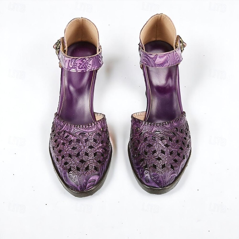 Women's Purple Vintage Cowhide Heels with Handcrafted Embossed Floral Patterns and Ankle Strap for Formal Occasions4