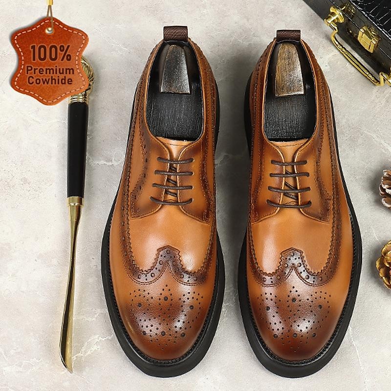 Men's Full Brogue Derby Shoes Cognac Brown Premium Leather Dress Shoes