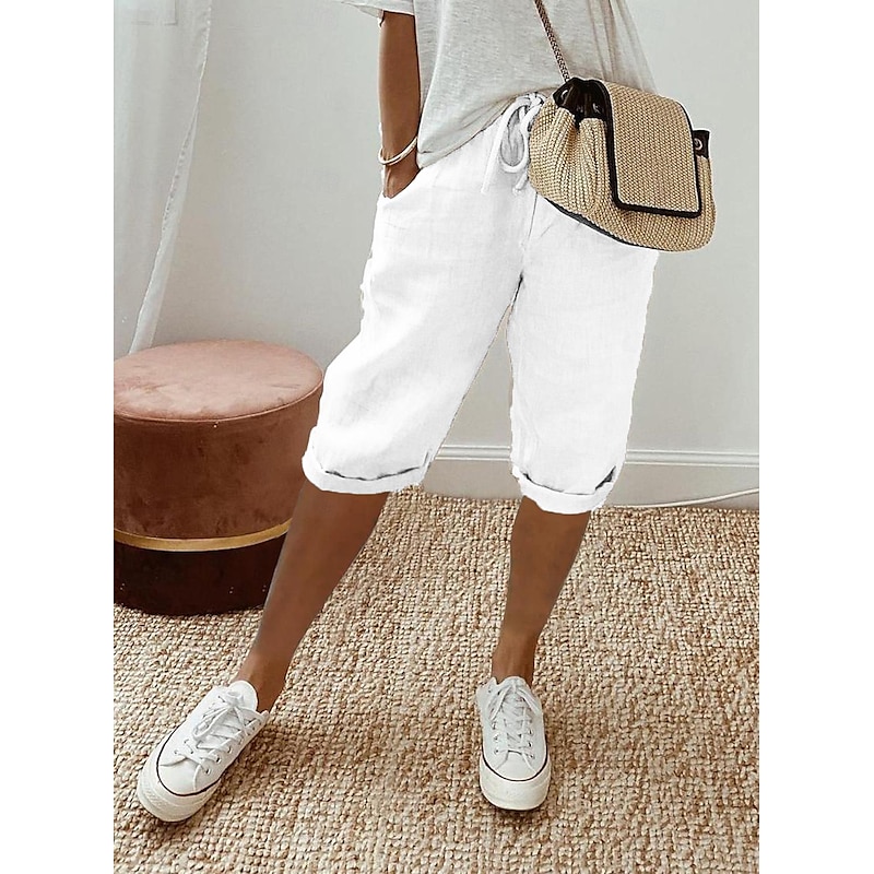 Women's Normal Cotton Linen Pants Chinos Casual Daily Knee Length Natural Solid Colored Pocket Drawstring Elastic Waist Breathability Comfortable Inelastic Vacation Casual Daily Navy-blue milk white2