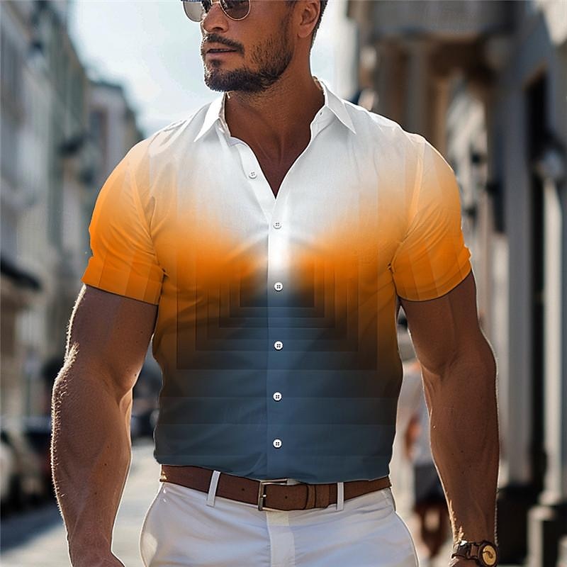 Men's Dress Shirt Printed Shirts Geometric Pattern Outdoor Street Blue Orange Green Short Sleeve Turndown Summer Clothing Apparel Print