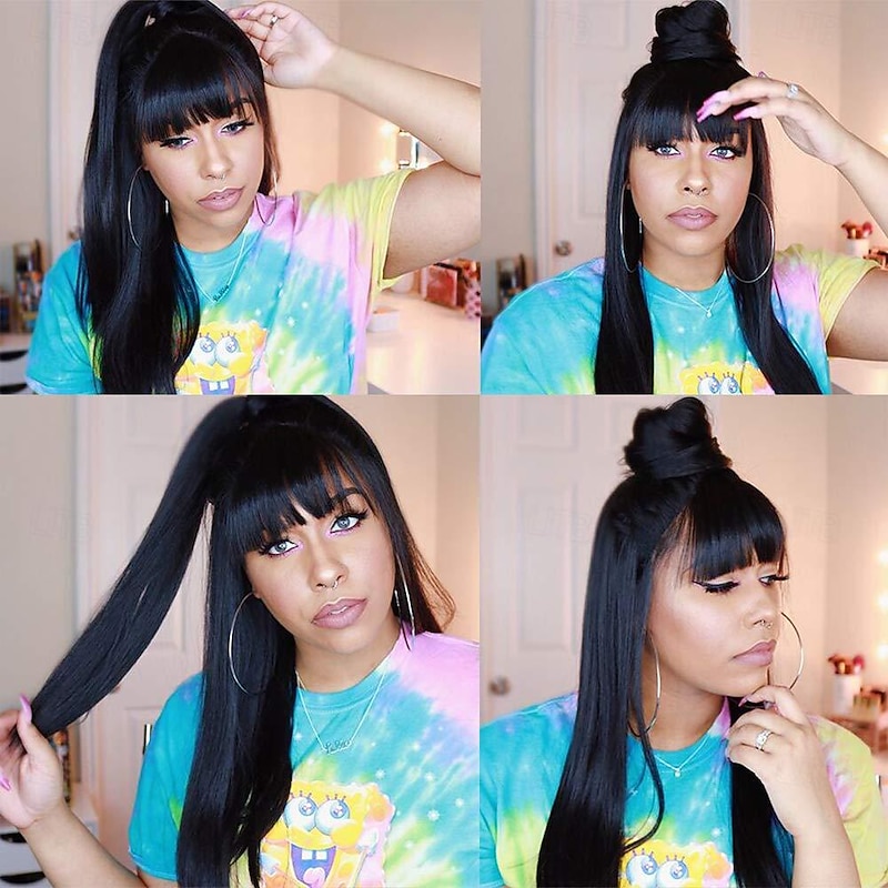Brazilian Virgin Straight Human Hair Wigs with Bangs 8-30 inch  None Lace Front Wigs  Machine Made Wigs for Black Women Natural Color2
