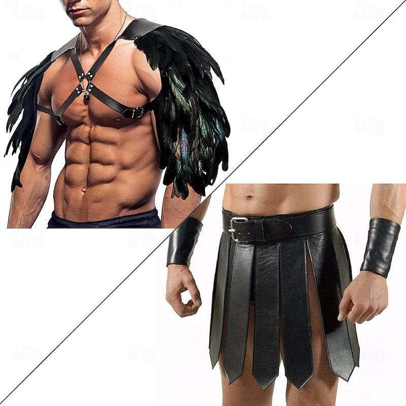 Punk & Gothic Medieval Renaissance Armor Scottish Utility Kilts Chemise Warrior Knight Ritter Viking Feather Fancy Dress Men's Viking Fantasy Carnival Masquerade Performance Party Stage Adults' Skirt