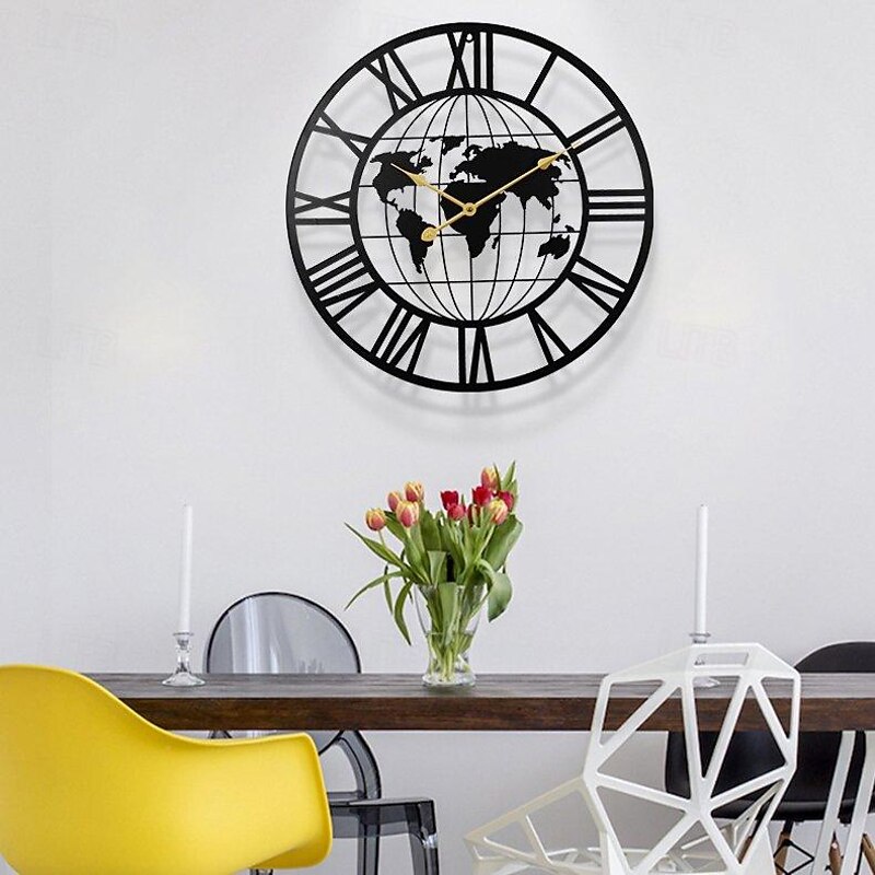 Wall Clock Iron Round Office Clock Creative Map Personality Mute Hanging Watch Nordic Living Room Clock Home Decor 60 cm