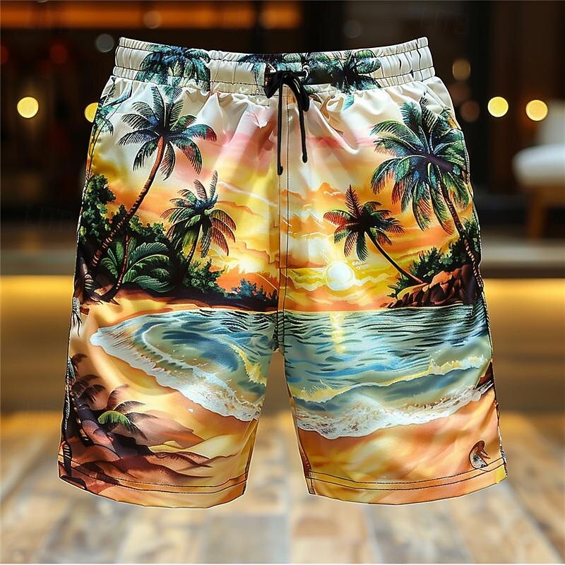 Men's Coconut Tree Landscape Swim Shorts Board Shorts Swimming Trunks Mid Waist Vacation Hawaiian Holiday Vacation Holiday Beach Drawstring with Mesh lining Elastic Waist Designer Clothing Apparel