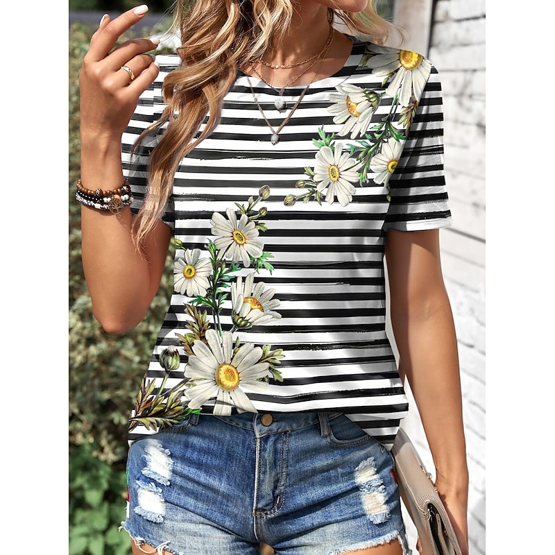 Women's  T-Shirt Daisy Floral Stripe Print Round Neck Short Sleeve Casual Summer Top Regular Fit Fashion Tee Black White Yellow