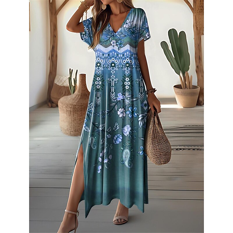 Women's Maxi Dress Vintage Dress Casual Dress Sundress Vintage Ethnic Tribal Drop Shoulder Vacation Street Holiday Regular Fit Tribal Short Sleeve V Neck White Blue Purple Khaki4
