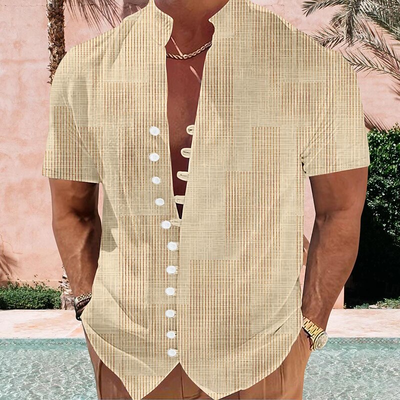 Men's Plaid Geometric Pattern Button Up Shirt Printed Shirts Short Sleeve Hawaiian Resort Vacation Holiday Daily Wear Summer Standing Collar Print Button-Down Light Blue White off-white Khaki4
