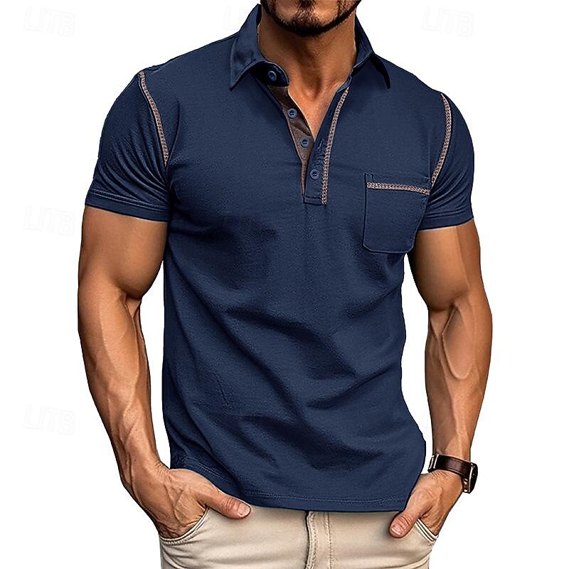 Men's Cotton Polo Shirt Golf Shirt Work Casual Lapel Short Sleeve Basic Modern Color Block Patchwork Button Spring & Summer Regular Fit Wine Dark Gray Black White Royal Blue Green Cotton Polo Shirt2