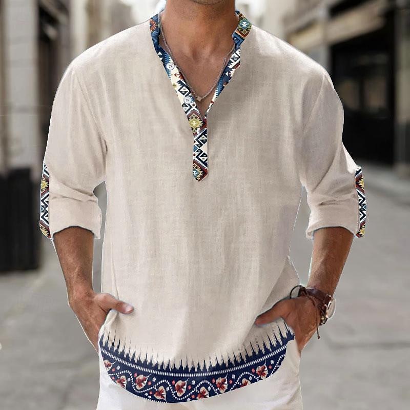 Men's Tribal Bandana Print Shirt Linen Shirt Button Up Shirt Long Sleeve Tribal Vacation Daily Wear Going out Spring &  Fall Stand Collar Buttons Print White Blue Khaki